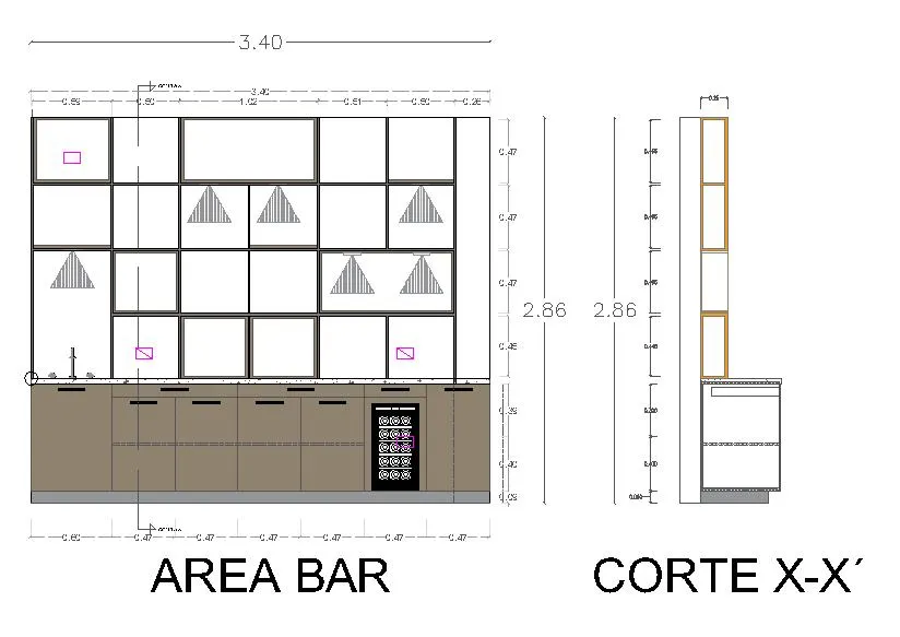 Alzado en planta del área de bar: 3.40 m de frente, 2.86 m de altura, con el corte X–X′ a la derecha.