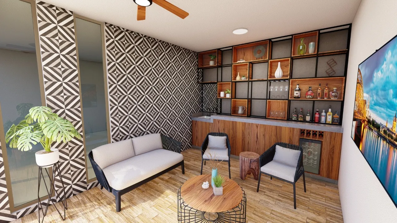 Render del área de bar terminada, con la barra, los entrepaños y la iluminación.
